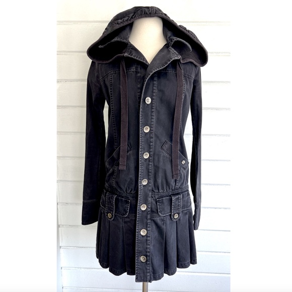 RARE! Vintage DIESEL Pleated Mini Coat Dress with Hood in Washed Black - S - Picture 1 of 15
